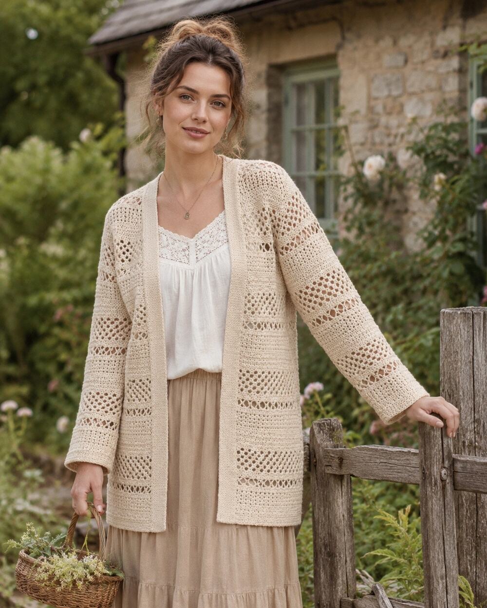 NWT Chico’s Macrame Sweater Open Cardigan Jacket Women's Medium Beige Crochet